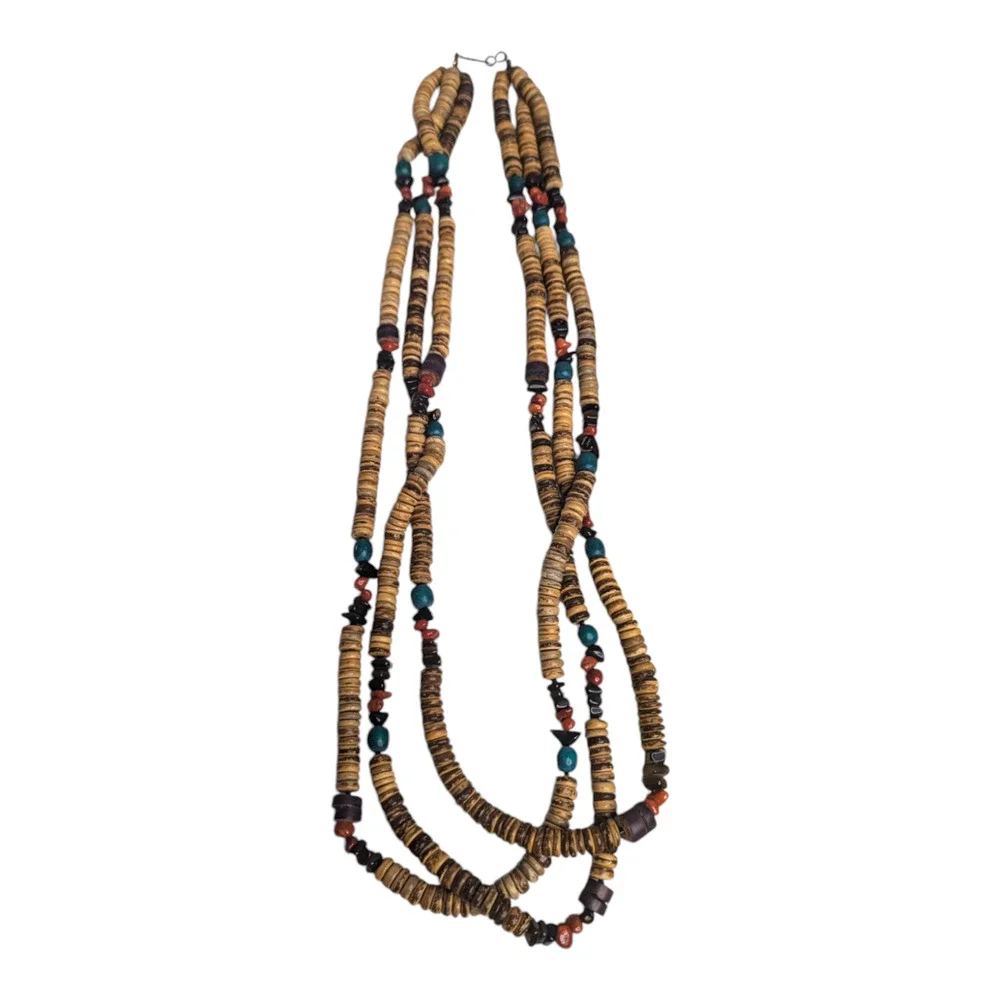 Boho Multi Layered Chunky Multi Colored Wooden‎ Beaded Long Vintage Necklace